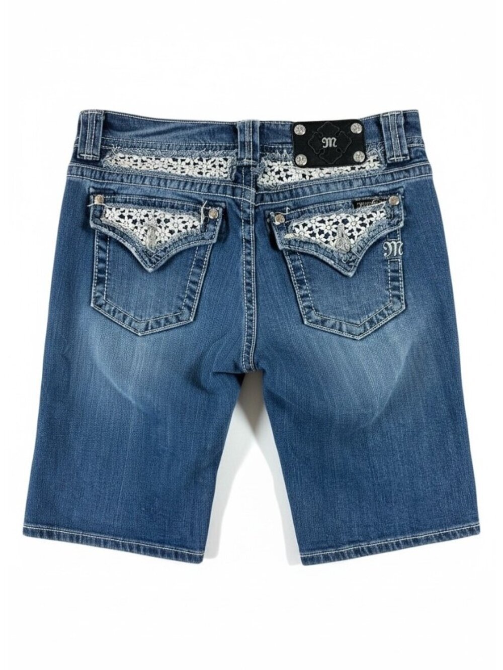 Miss Me Medium Wash Embellished Bermuda Shorts Crochet Studded Size 29